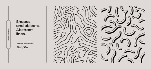 Set of black abstract shapes and lines. Collection of amorphous objects of various irregular shapes on a light isolated background. Graphic elements for your design.