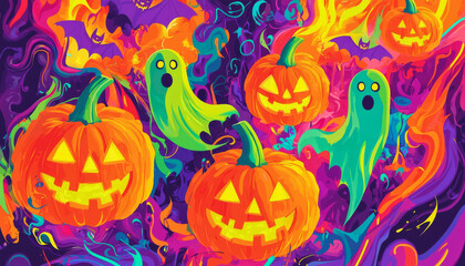 Halloween Pumpkins and Ghosts on a Vibrant, Swirling Background