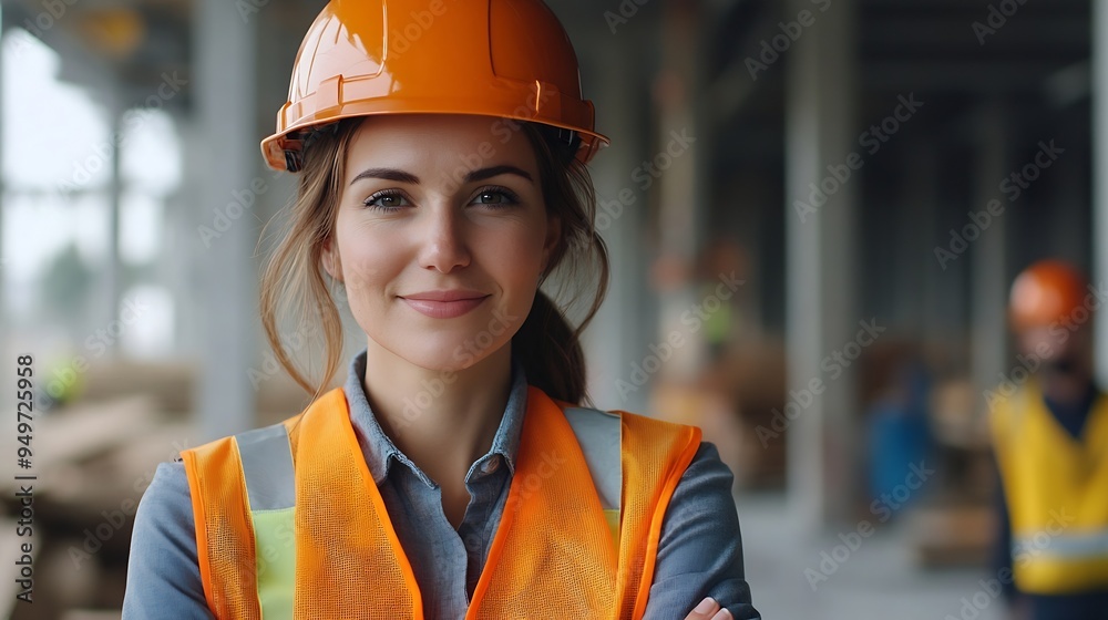 Poster portrait of happy beautiful woman engineer worker with safety vest and helmet stands with arms cross