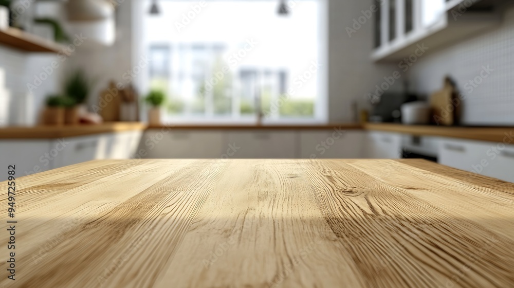 Poster kitchen table background wood counter top on blur of white clean abstract home interior with bokeh u