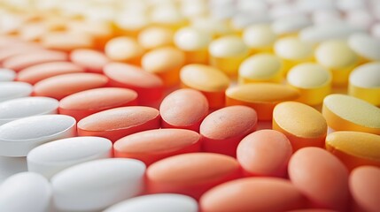 Pills arranged in a smooth gradient from light to dark shades, vibrant hues, sharp details, clean white background, high contrast, bright lighting, hd quality, natural look. --ar 16:9 --v 6.