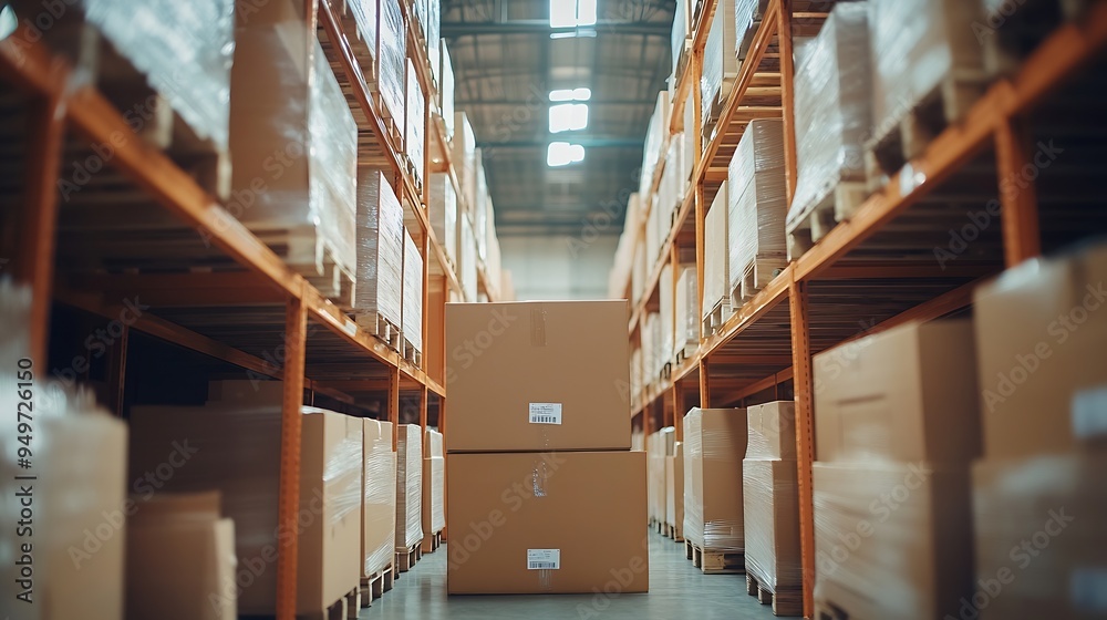 Poster boxes ladder and shelves with inventory at warehouse for distribution supply chain or logistics empt