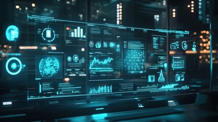 Obraz premium A futuristic representation of insurance innovation with holographic displays and technology icons.