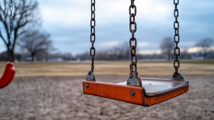 playground with rusting swings and empty slides