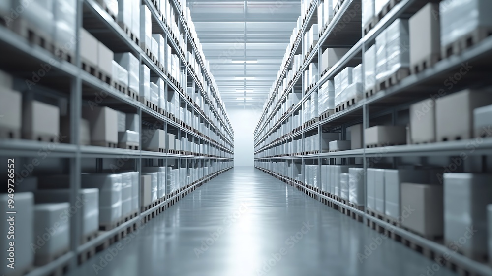 Aufkleber rows of shelves with boxes in the factory warehouse a perfectly white clean warehouse smooth boxes s