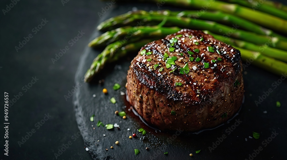 Aufkleber Grilled Fillet Mignon Steak with roasted asparagus Black background Top view Copy space : Generative AI