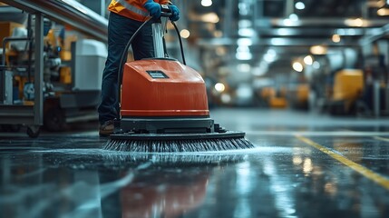Professional cleaning service Worker operating industrial floor cleaning machine inside factory : Generative AI