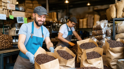 Two workers in aprons and caps handling large bags of coffee beans in a coffee roasting warehouse.