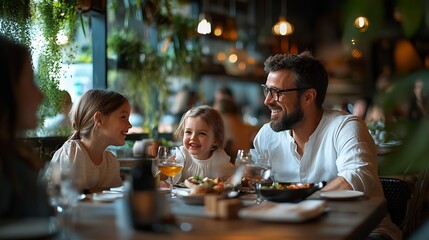 Happy parents communicating with their children while having a meal in a restaurant : Generative AI