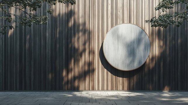 A wooden wall in a street setting featuring a circular mockup signboard with ample empty space around it for branding