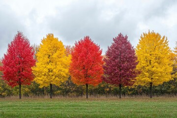 Five Trees with Vibrant Autumn Foliage Against a Cloudy Sky