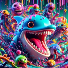 A Vibrant Underwater Fantasy Filled with Playful Monsters and a Smiling Shark in a Whirlwind of Colorful Melting Liquid