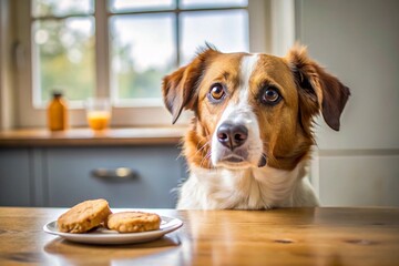  A dog looking longingly at a biscuit on a kitchen table. 1.