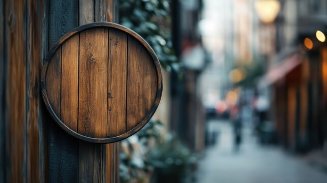 A wooden wall on a busy street hosting a circular mockup signboard ready for customization with empty space left around it
