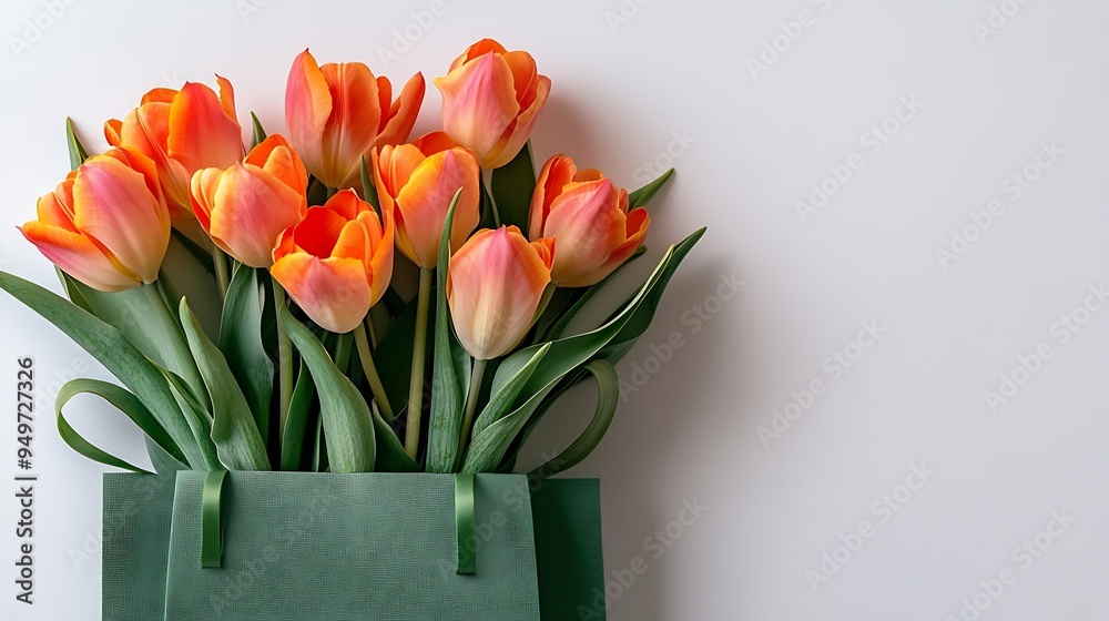 Poster tulip spring flowers in green bag isolated on white background floral composition with beautiful fre