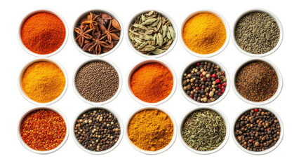 A white bowl filled with a variety of spices including pepper, cumin