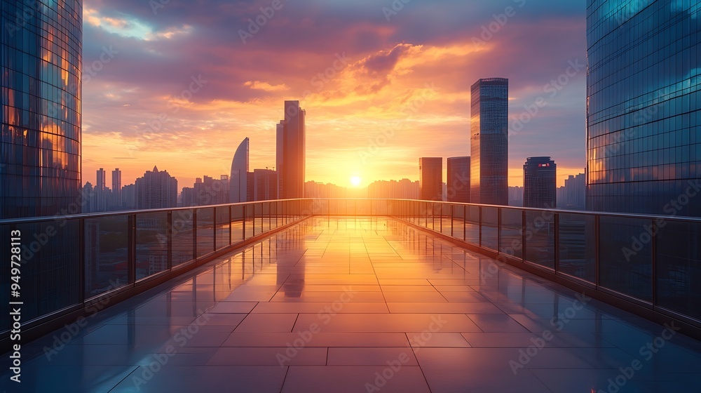 Poster empty square floor and pedestrian bridge with modern city buildings scenery at sunset : generative a