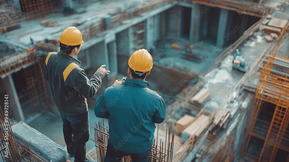 Poster engineers team are discussing while inspecting at construction site : generative ai
