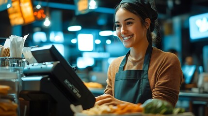 Fast Food Vendor Using the Cash Register Happy cashier making an order registration and billing at checkout : Generative AI