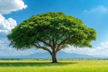 Fototapeta premium Solitary Tree in a Lush Grassland with a Blue Sky and Distant Mountains