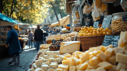 Fototapeta premium Celebrating the Tbilisoba holiday Day of city Tbilisi Georgia Street fair Counter with cheeses for sale Concept of buying dairy farm products Street food festival Shop street market : Generative AI