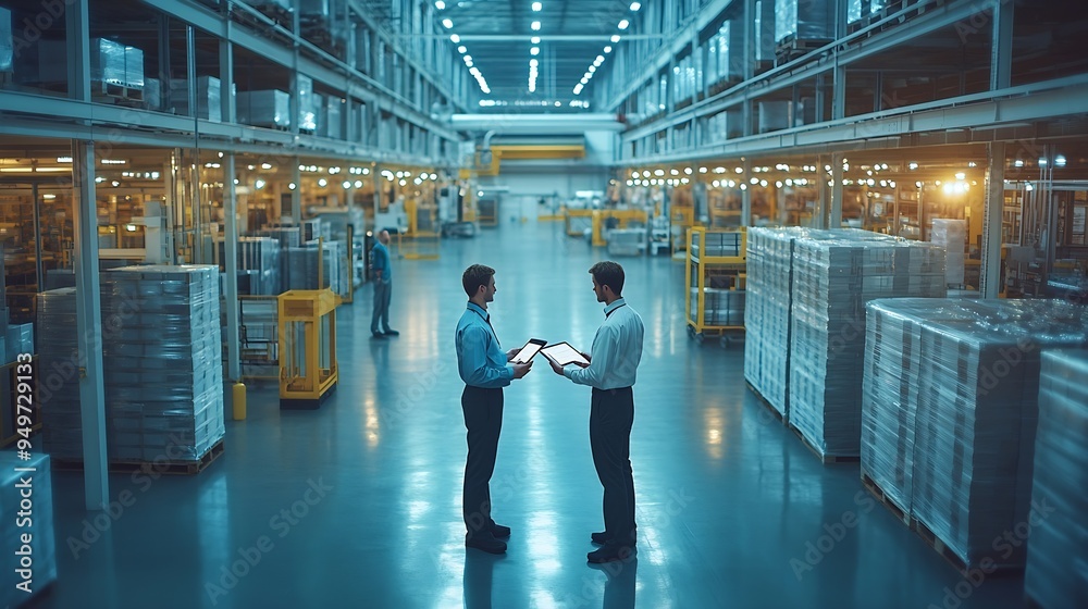Poster Industry 40 Modern Factory Two Engineers in Empty Warehouse Use Digital Tablet Computer with Augmented Reality Software For a Room Mapping Doing 3D Factory Floor Layout High Angle Shot : Generative AI
