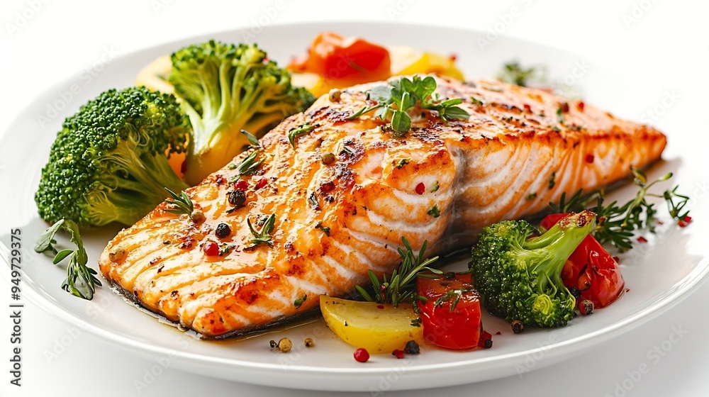 Poster baked salmon fillet with broccoli and vegetables mix isolated on white background : generative ai