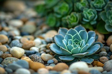 Fototapeta premium Close-up of a Succulent Plant Surrounded by Smooth Stones