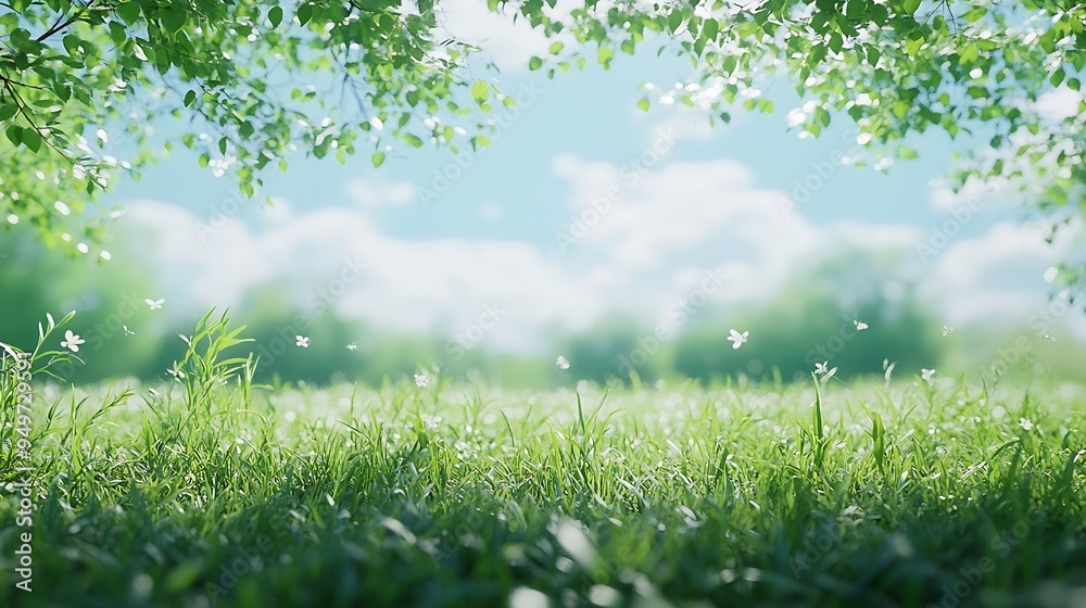 Aufkleber blurred photogreen tree background view of the wild grass lawn light sky : generative ai