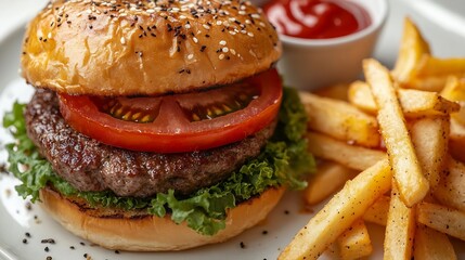 Delicious burger with beef patty tomato sauce and french fries isolated on white : Generative AI
