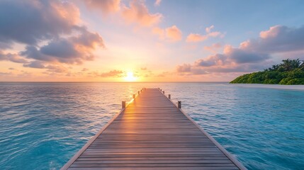Fototapeta premium pier leading to the island at sunrise in the Maldives the concept of luxury travel : Generative AI