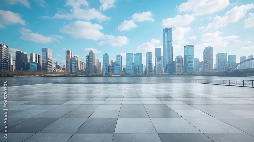 Poster empty square floor and bridge with city skyline under blue sky : generative ai
