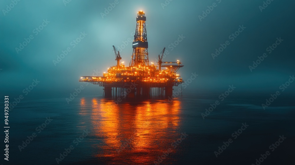 Poster oil rig in the mist