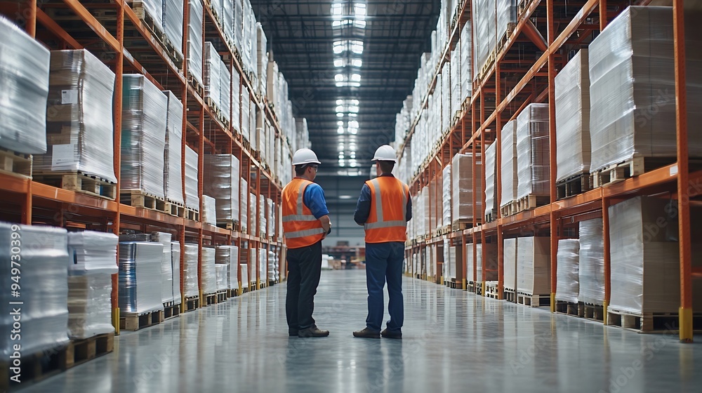 Aufkleber Portrait of engineers workers planning and talking in empty warehouse to design the arrangement of product shelves Team foreman talk details work : Generative AI