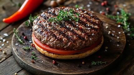 Grilled burger beef meat patty with herbs and spices on steel plate Wooden background Top view : Generative AI