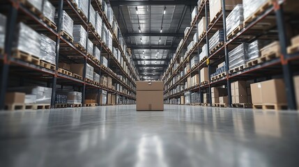 Fototapeta premium Warehouse interior background A brand new industrial shed Store factory Industry warehouse space and hardware box for delivery with copy space : Generative AI
