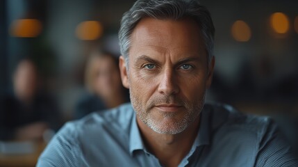 Obraz premium A striking portrait of a man with piercing blue eyes, showcasing strong features and a confident expression.