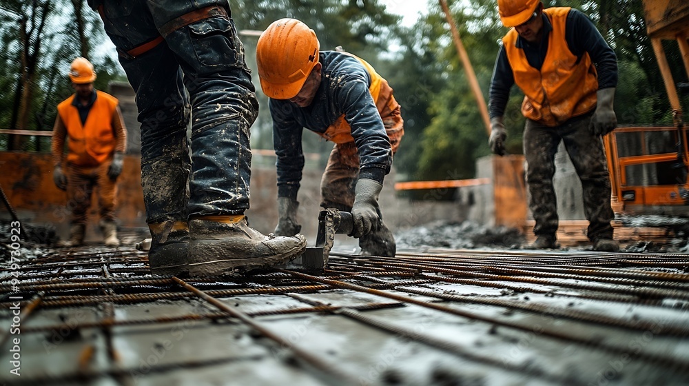 Poster Builders workers at a house construction site are installing prepare formwork reinforcement for pouring concrete Process of work on a construction site Work at height : Generative AI