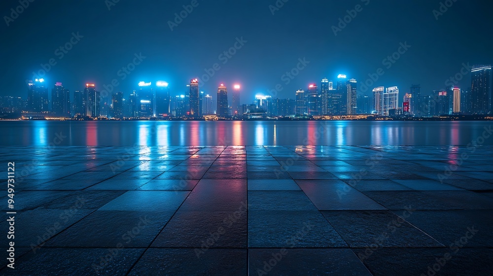 Poster empty square floors and city skyline with buildings in zhoushan at night zhejiang china : generative