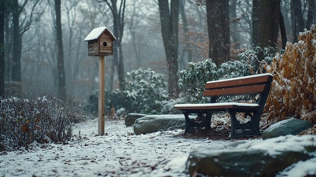 Snow on the forest hill with a birdhouse on the pole an empty bench and rocks winter landscape at Tarrywile Park in Danbury Connecticut USA : Generative AI