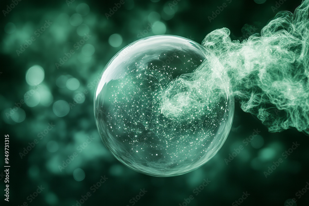 Poster dissolving isotopes merging into a soft pastel green mist,
