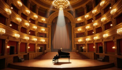 Obraz premium Elegant Concert Hall Featuring a Pianist Performing on Stage