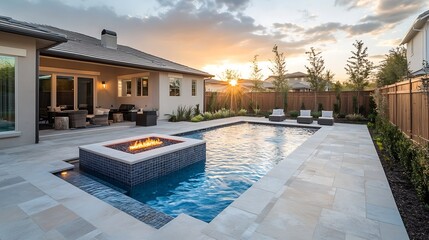 New home beautiful backyard with custom pool with fire pit : Generative AI