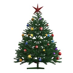 Christmas tree with decorations, isolated on white background, 3D illustration, cg render