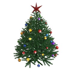 Christmas tree with decorations, isolated on white background, 3D illustration, cg render