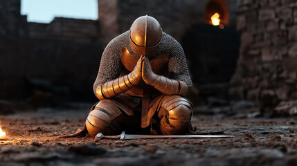 Obraz premium A medieval knight in full armor kneels in prayer with hands clasped, sword laid on the ground, within a dimly lit stone structure.