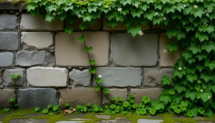 Ivy Covered Stone Wall with Varied Textures and Natural Greenery