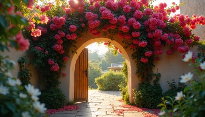 Fototapeta premium Beautiful Archway Surrounded by Vibrant Flowers in a Garden
