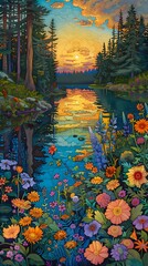 Fototapeta premium Sunset lakeside and cottage garden illustration poster background