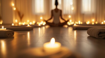 Meditation candlelight. Woman meditating in a room filled with candlelight, promoting tranquility and inner peace.